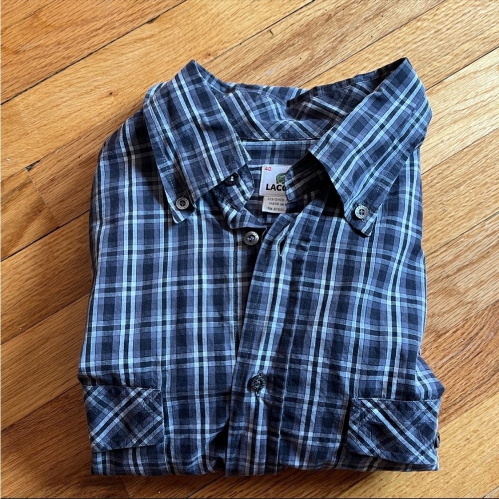 Lacoste plaid black & white Mens button down collared shirt size 40